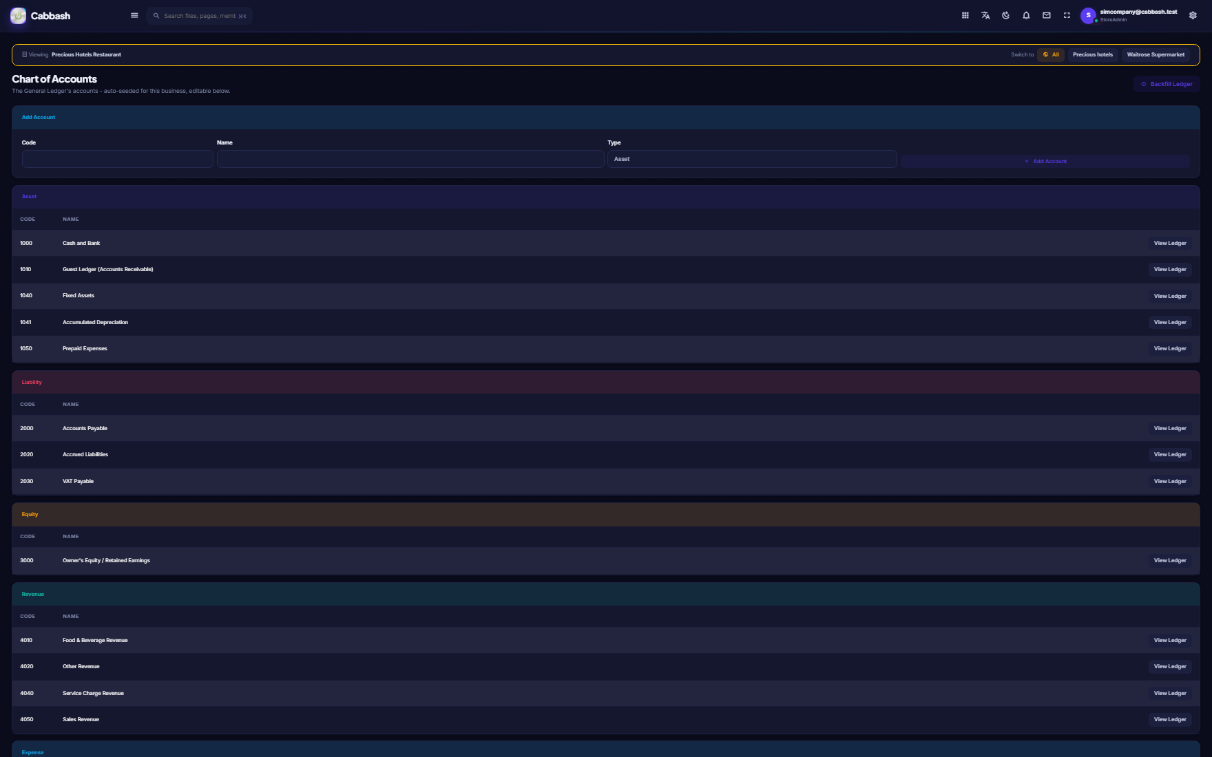 Chart of Accounts screenshot