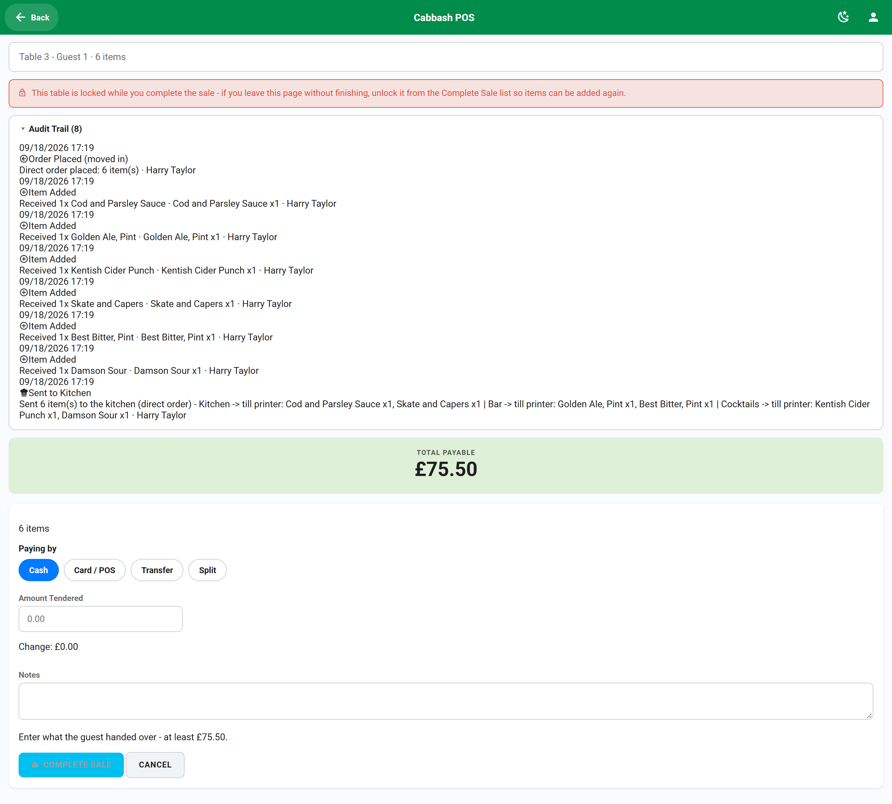 Taking Payment screenshot