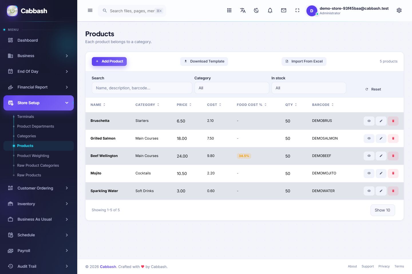 Products screenshot